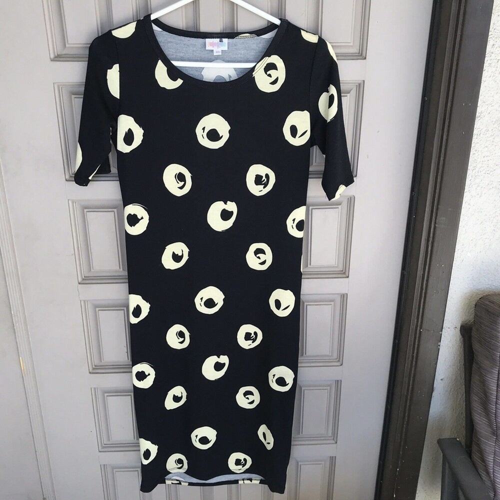LulaRoe Dress SzXS MIDI Straight Black Circle Print Short Sleeves Silky NWOT